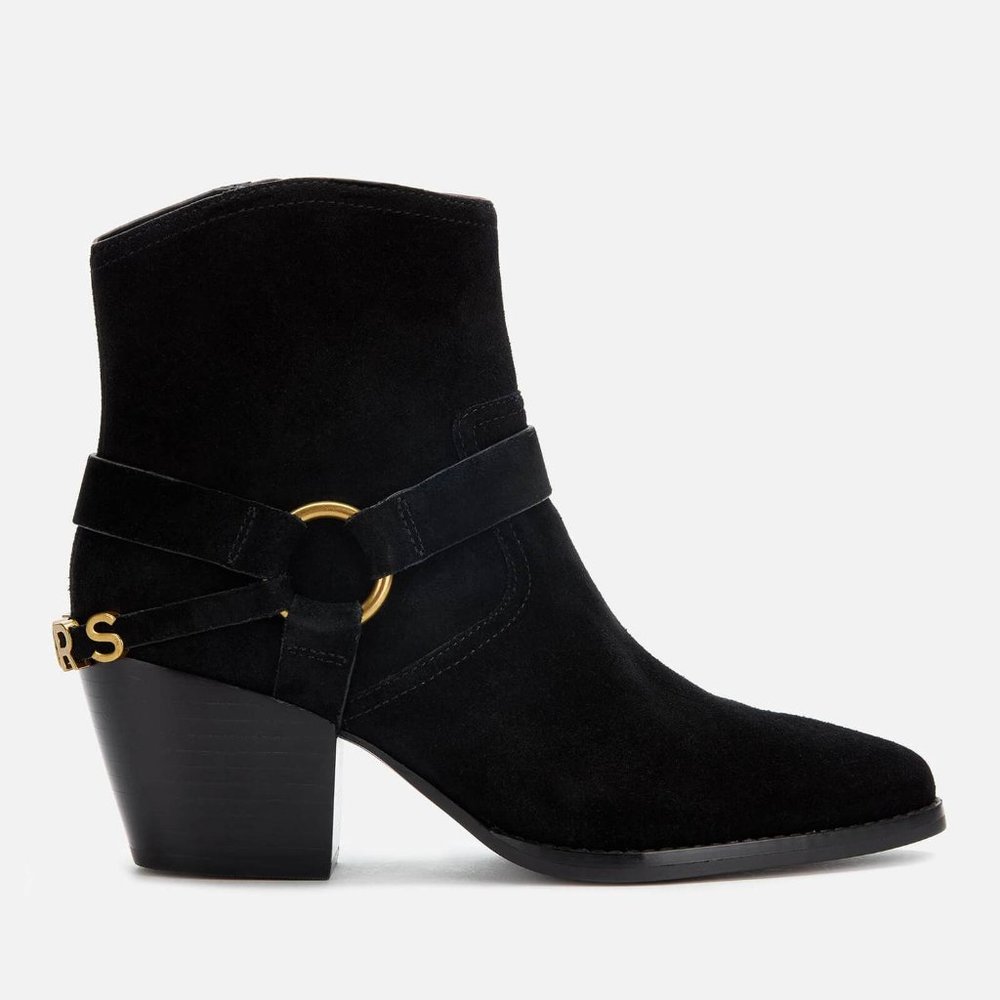 Michael Kors Goldie black suede western ankle boot bootie, gold hardware cowboy
